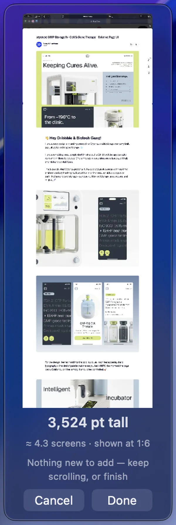 The live preview beside the selection mid-capture, reading 3,524 pt tall, about 4.3 screens, with Cancel and Done buttons.
